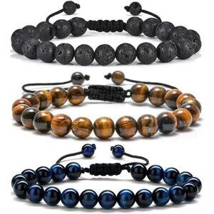Men's Natural Stone Bracelet Tiger Eye Lava Rock Agate Adjustable Beaded